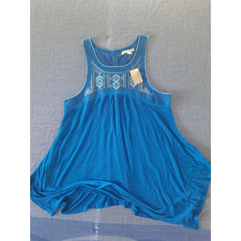 American Eagle Teal Blue Embroidered Boho Uneven Hem Tank Top Small NWT 1435-541
